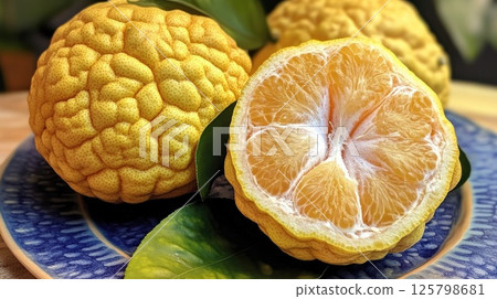 Close-up of halved and whole Buddha's hand citrus fruit on a plate. 125798681