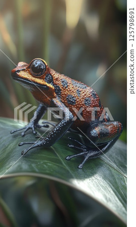 Vibrant orange and black poison dart frog perched on a leaf. 125798691