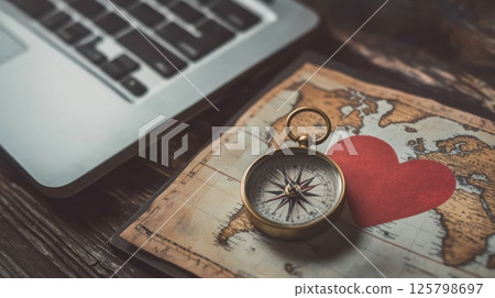 Compass, map, laptop, heart, travel planning. Compass, map, laptop, heart, travel planning. 125798697
