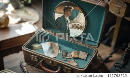 Vintage suitcase with mirror reflecting a man, holding old photos and trinkets. 125798713
