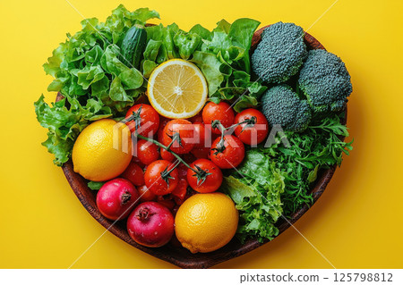 Heart shape by various vegetables and fruits on yellow background. Healthy food concept 125798812