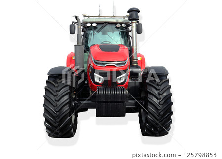 This striking red farm tractor stands prominently, highlighting its powerful front view. Equipped for various agricultural tasks, it embodies strength and efficiency in rural farming activities. This striking red farm tractor stands prominently, highlighting its powerful front view. Equipped for various agricultural tasks, it embodies strength and efficiency in rural farming activities. 125798853