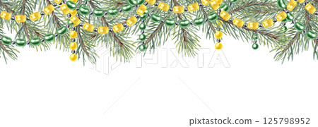 Watercolor fir branches with garlands of green and yellow beads seamless border isolated background. Winter Xmas horizontal pattern for Christmas decorations, festive gift wrap, textile designs 125798952