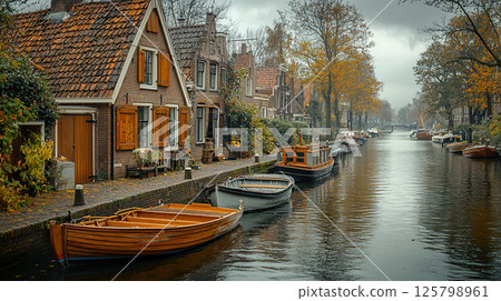 A charming canal scene in a dutch town, showcasing traditional architecture and serene reflections. 125798961