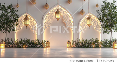 An elegant islamic interior, showcasing decorative lanterns, arches, and floral arrangements. 125798965