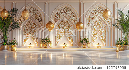 Stunning Islamic interior showcases golden details, lights, and floral decorations, ideal for events. 125798966