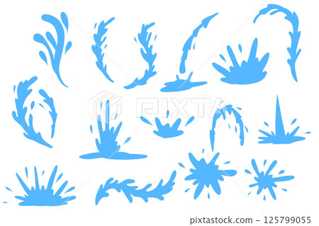 Water splash vector set in flat cartoon style. Collection of blue liquid splashes, jets and drops isolated on white background. Water splash vector set in flat cartoon style. Collection of blue liquid splashes, jets and drops isolated on white background. 125799055