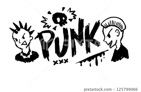 Punk illustration with mohawk characters and bold lettering in grunge style. Rough hand-drawn street art design with rebellious energy. Punk illustration with mohawk characters and bold lettering in grunge style. Rough hand-drawn street art design with rebellious energy. 125799066