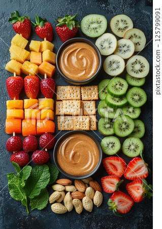 nutritious snack options for children, including fruit skewers, vegetable sticks with dip, whole grain crackers, and nut butter. Top view 125799091