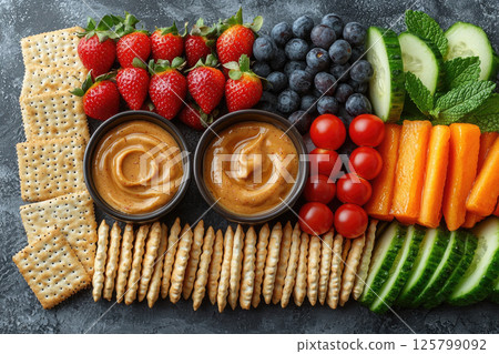 nutritious snack options for children, including fruit skewers, vegetable sticks with dip, whole grain crackers, and nut butter. Top view 125799092