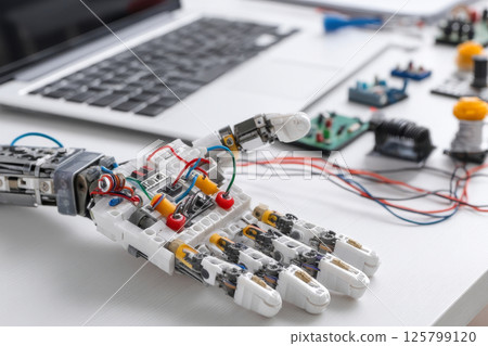 DIY robotic hand project with wires on white desk in home lab 125799120