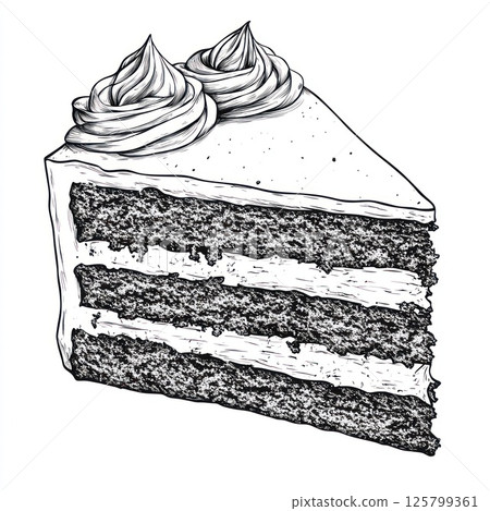 Delicious three-layered chocolate cake slice with creamy frosting. Delicious three-layered chocolate cake slice with creamy frosting. 125799361