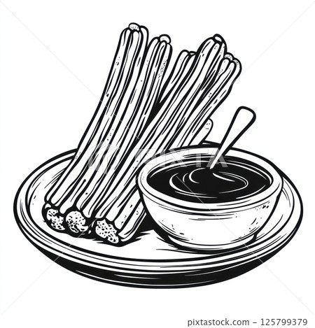 Churros with chocolate sauce on a plate. (1) Churros with chocolate sauce on a plate. (1) 125799379