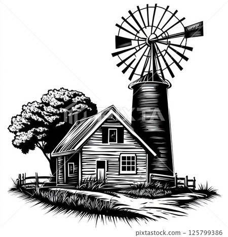 Black and white illustration of a farmhouse and windmill. 125799386