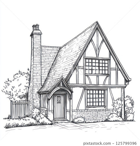 Charming Tudor-style cottage illustration. (1) 125799396
