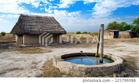 Rural African village scene with thatched hut and well. 125799398