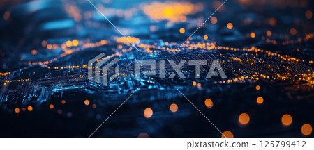 Abstract digital landscape with glowing circuits and bokeh lights. 125799412