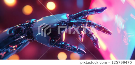 Robotic hand reaching for futuristic screen. 125799470