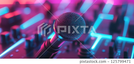 Close-up of microphone on vibrant neon mixer. Close-up of microphone on vibrant neon mixer. 125799471