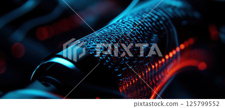 Close-up of a textured, dark object illuminated with blue and red light. 125799552