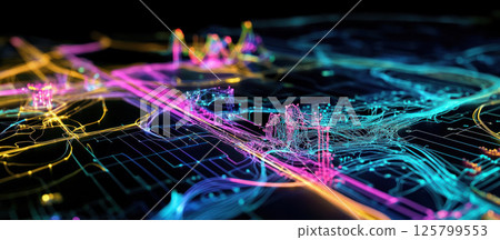Abstract digital city map with glowing lines and nodes. Abstract digital city map with glowing lines and nodes. 125799553