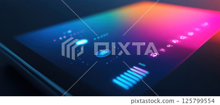 Futuristic tablet interface with colorful equalizer and glowing controls. Futuristic tablet interface with colorful equalizer and glowing controls. 125799554