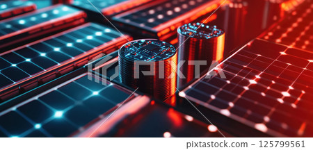 Close-up of cylindrical batteries and solar panels. Close-up of cylindrical batteries and solar panels. 125799561