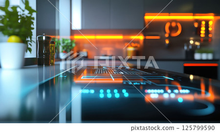 Futuristic smart kitchen countertop with holographic interface. Futuristic smart kitchen countertop with holographic interface. 125799590