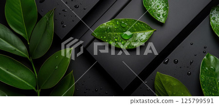 Lush green leaves with water droplets on a dark background. 125799591