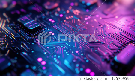 Close-up of vibrant purple and blue circuit board. 125799593