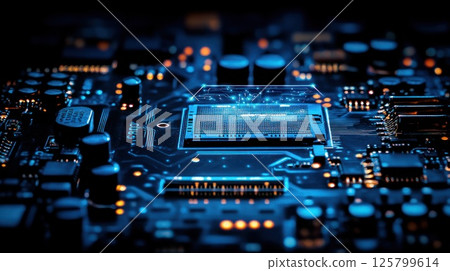 Close-up of a computer processor chip on a circuit board, glowing with blue light. 125799614