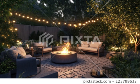 Cozy backyard patio with fire pit at night. 125799632