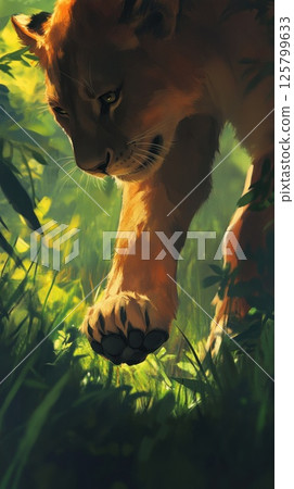 Lion cub walking through lush green jungle. 125799633