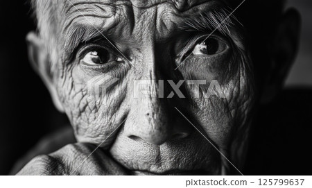 Close-up black and white portrait of an elderly man's weathered face, showing deep wrinkles and intense gaze. 125799637