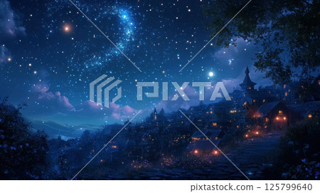 Night scene of a fantasy village under a starry sky. 125799640