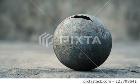 Cracked, rusty metallic sphere on dark surface. 125799641