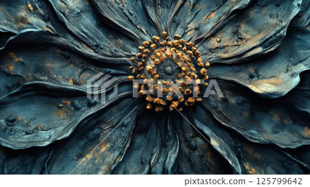 Close-up of a dark blue and gold textured flower. 125799642