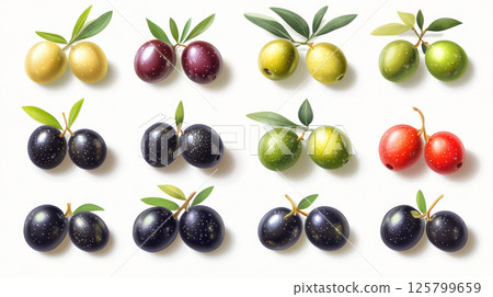 Collection of olives various colors and stages of ripeness. 125799659