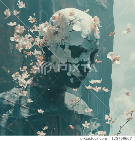 Weathered statue with blossoms, dreamy, melancholic. Weathered statue with blossoms, dreamy, melancholic. 125799667