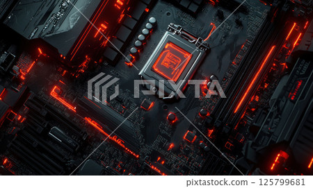 Close-up of a computer motherboard with CPU, illuminated with red LED lights. Close-up of a computer motherboard with CPU, illuminated with red LED lights. 125799681