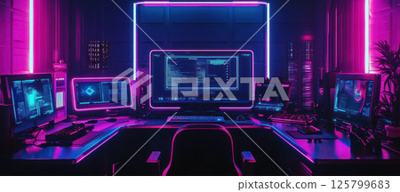Futuristic neon-lit gamer setup with multiple monitors displaying code and graphics. 125799683