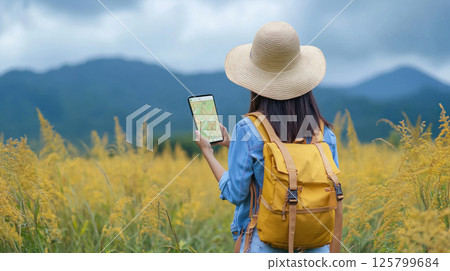 Woman hiker using map app in field. 125799684