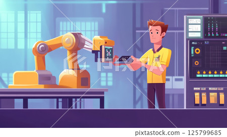 Technician operating industrial robotic arm. 125799685