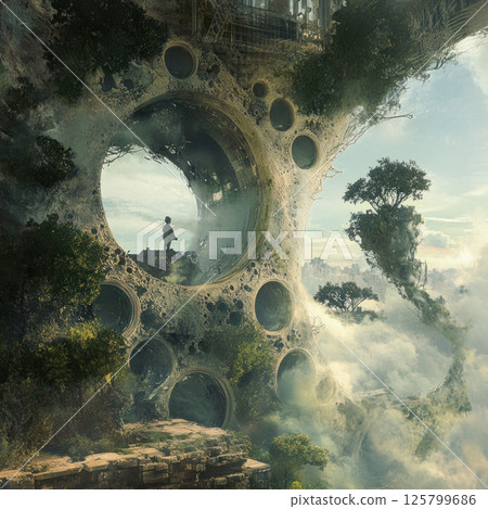 Person standing on a stone structure with circular openings, overlooking a surreal landscape of floating islands and misty clouds. Person standing on a stone structure with circular openings, overlooking a surreal landscape of floating islands and misty clouds. 125799686
