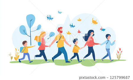 Happy family of five walking in park. 125799687