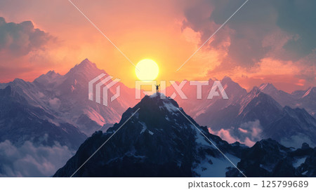 Person celebrating victory on mountain peak at sunset. Person celebrating victory on mountain peak at sunset. 125799689