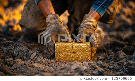 Gloved hands carefully placing gold bars in earth. Gloved hands carefully placing gold bars in earth. 125799690