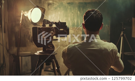 Man operating vintage movie camera in dimly lit room. 125799702