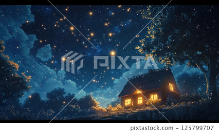 Cozy cottage glowing at night under a starry sky. 125799707