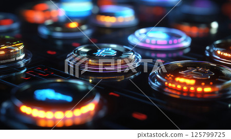Illuminated Bitcoin buttons on futuristic control panel. Illuminated Bitcoin buttons on futuristic control panel. 125799725